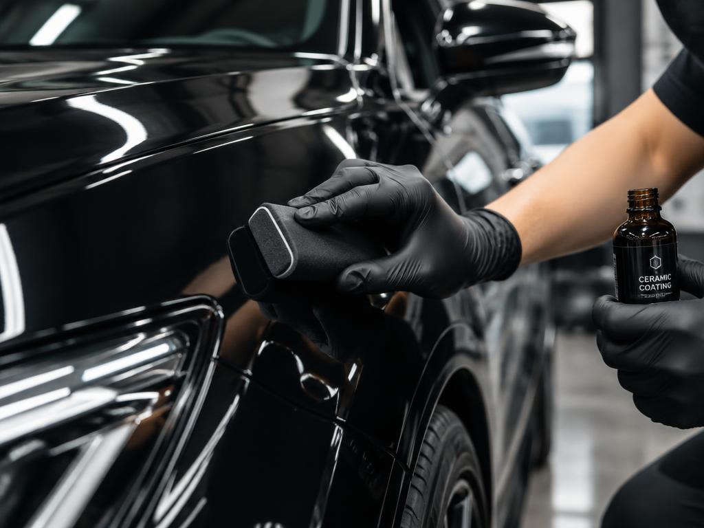Detailer applying ceramic coating to a glossy black car