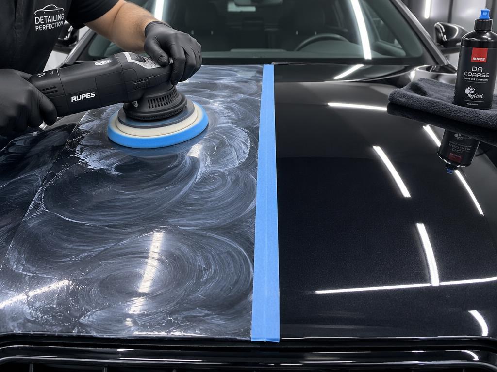 Machine polishing a car hood during paint correction